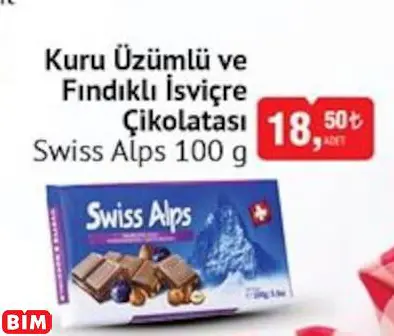 SWİSS ALPS KURU ÜZÜMLÜ VE FINDIKLI İSVİÇRE ÇİKOLATASI SWİSS ALPS KURU ÜZÜMLÜ VE FINDIKLI İSVİÇRE ÇİKOLATASI